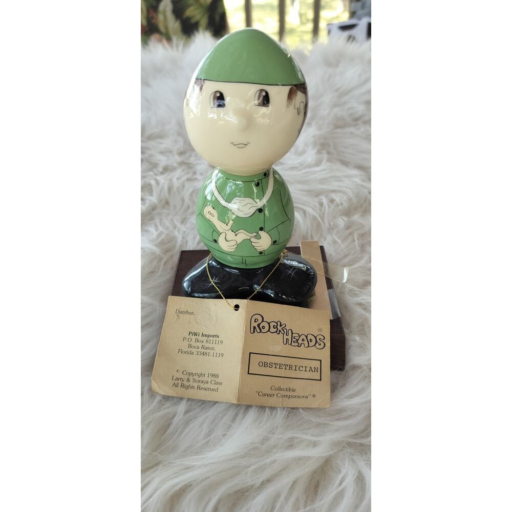 Vintage '88 Rock Head Handmade Hand painted Obstetrician on wood base 5.5" tall